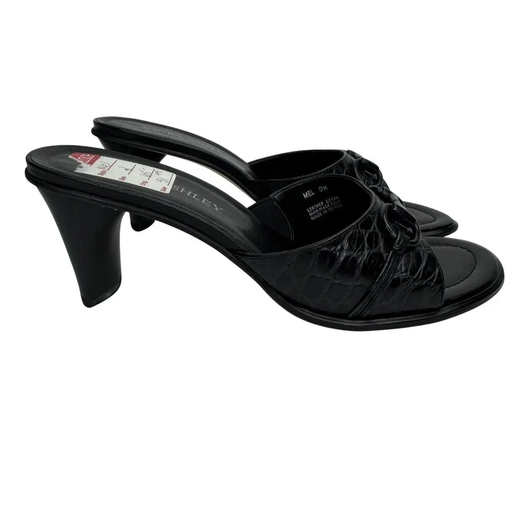 Vintage Y2K Laura Ashley Black Croc-Embossed Leather Slide Sandals Buckle Detail